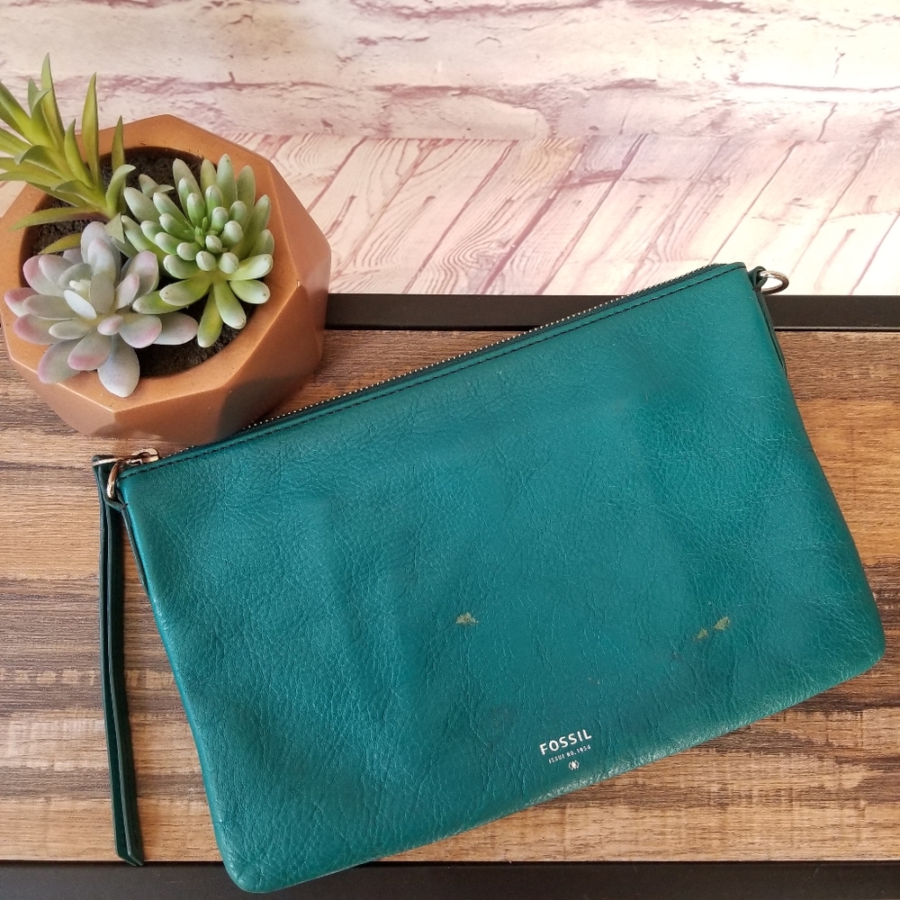 Fossil 1954 Teal Leather Pouch Clutch Handbag 7.5" x 11"